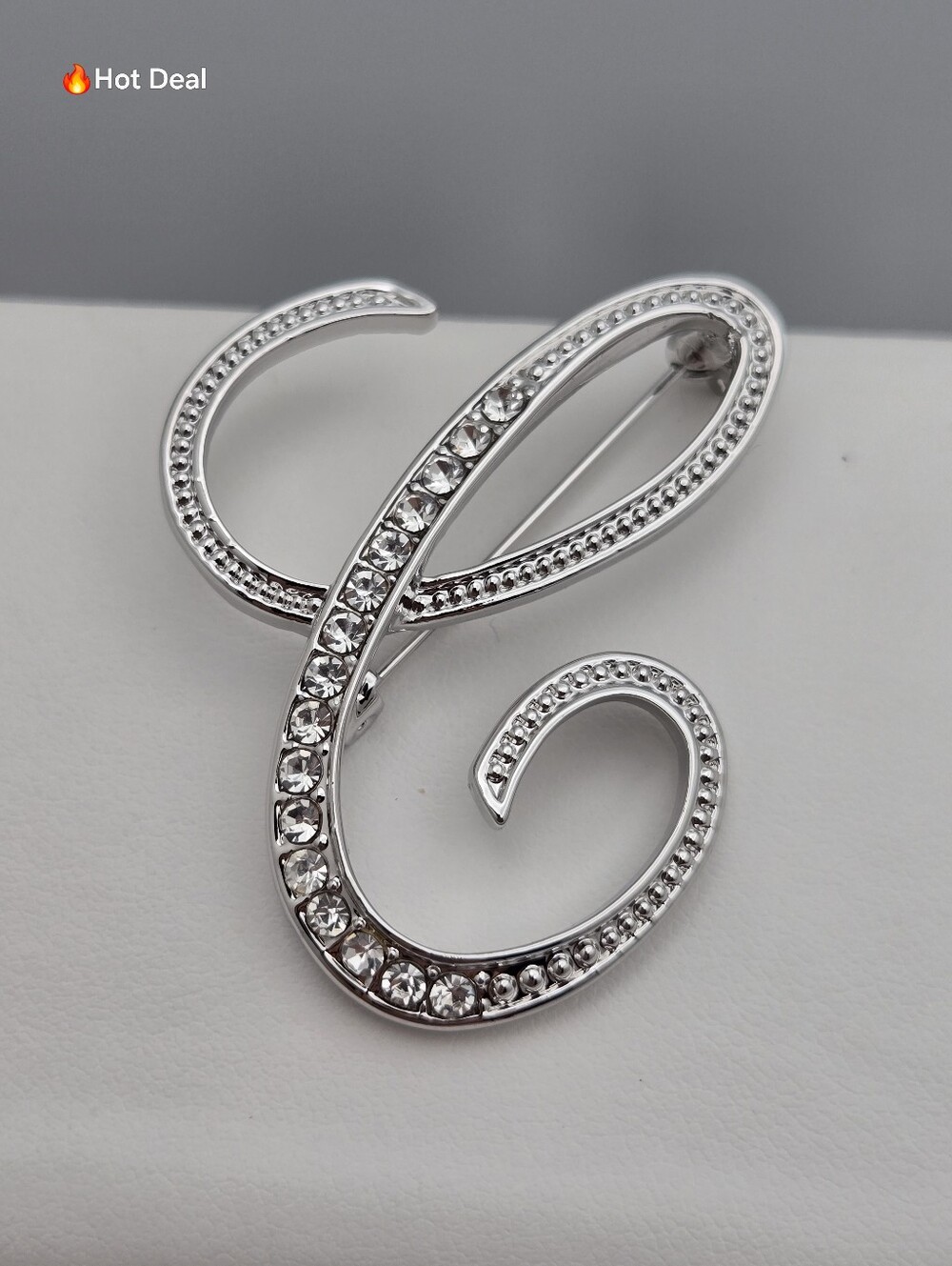 Silver Tone C Initial Brooch Cursive Script Crystal Rhinestone Pave Pin New 1.75
